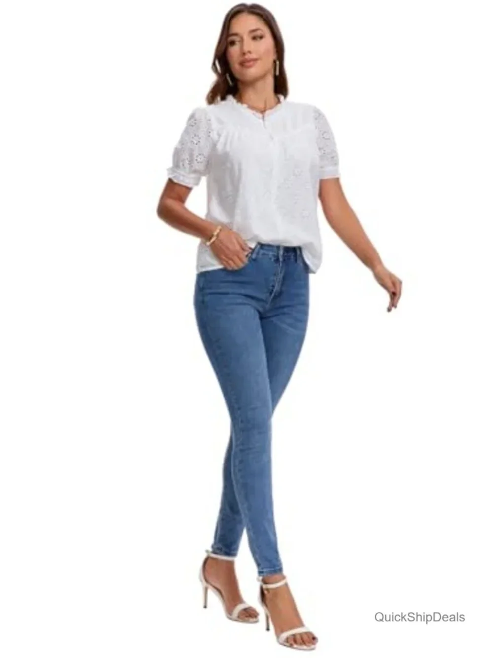 Eyelet Lace Embroidered Short Puff Sleeve Blouse Dressy Casual Summer Top